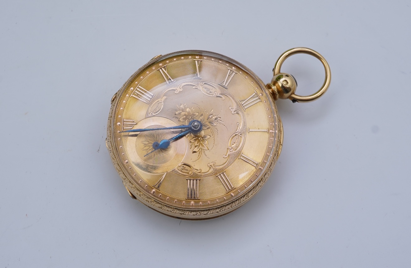 A Victorian engraved 18ct gold open faced key wind pocket watch